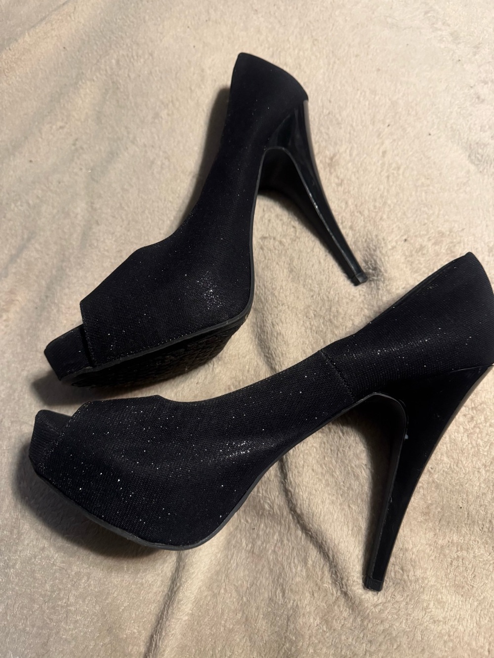 Chinese Laundry Black Glitter Peep-Toe Platform Heels